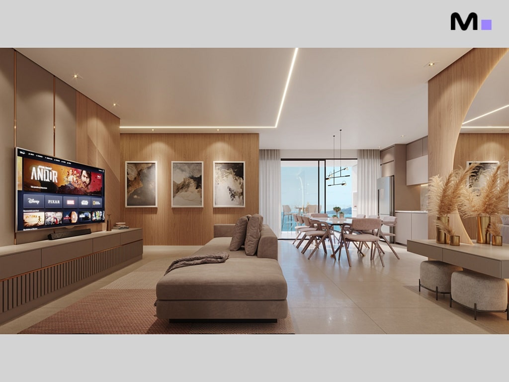 Sala de estar moderna e luminosa na Platja D'en Bossa Residence. Sofá confortável, TV grande e decoração elegante.