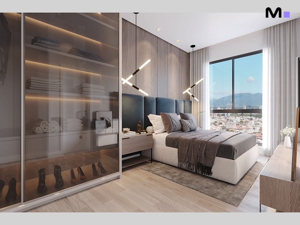 Quarto moderno com closet, cama e vista da janela. Residência Platja D'en Bossa.