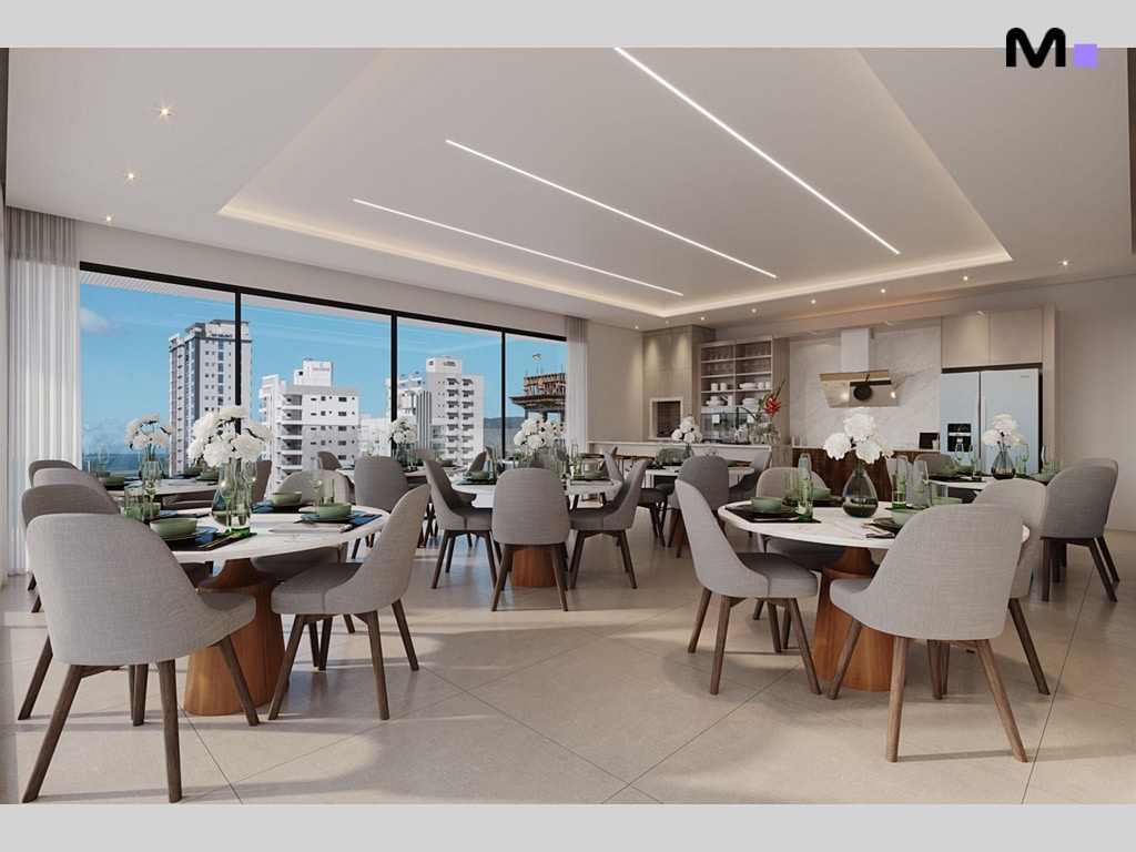 Interior elegante do Platja D'en Bossa Residence, com mesas de jantar e vista para o mar.