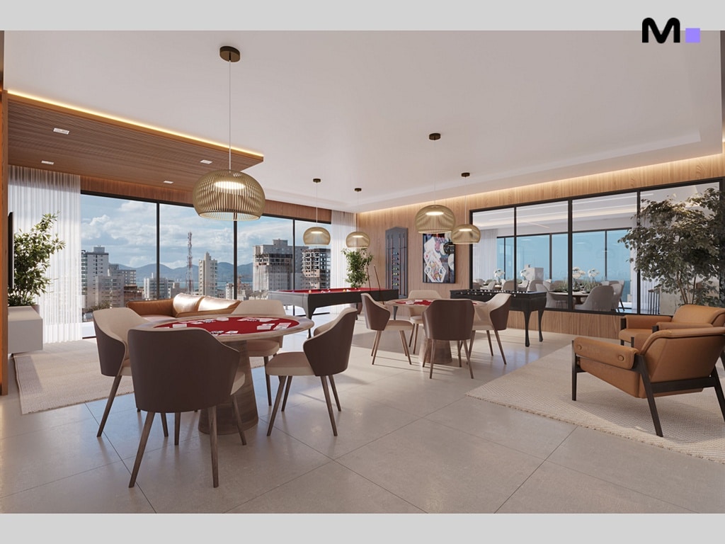 Interior de Platja D'en Bossa Residence com área de jogos, mesa de poker e vista da cidade.