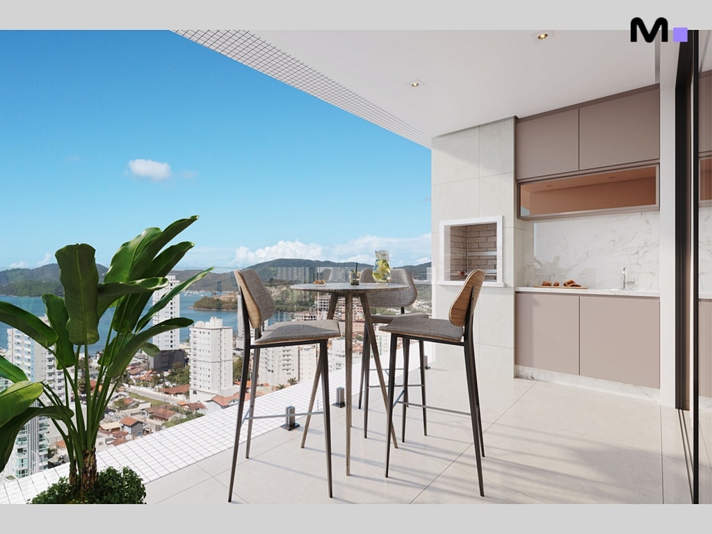 Varanda moderna com mesa e cadeiras, vista para o mar. Residência Platja D'en Bossa.