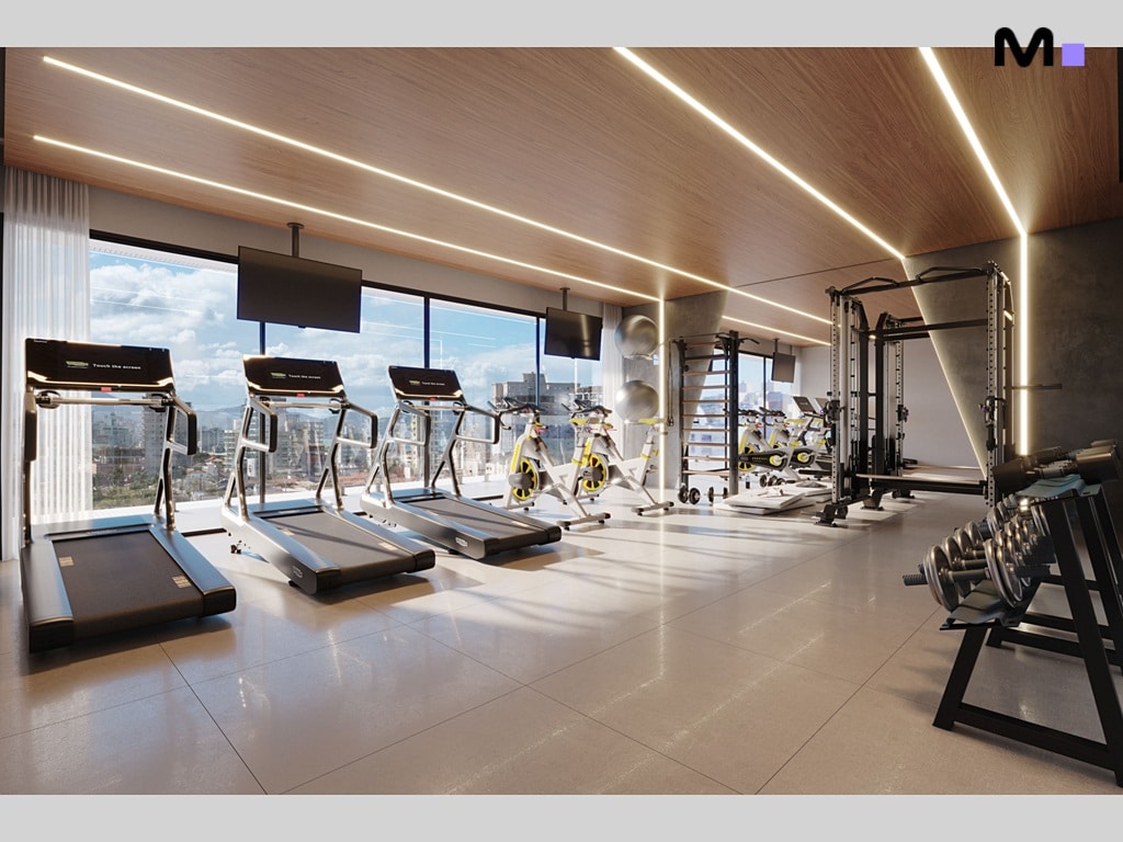 Academia moderna com esteiras, bicicletas ergométricas e halteres na Platja D'en Bossa Residence.