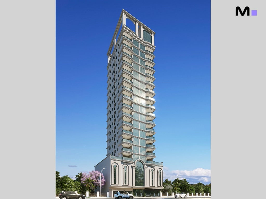 Residência Mont Blanc: Imponente edifício alto com varandas e design moderno.