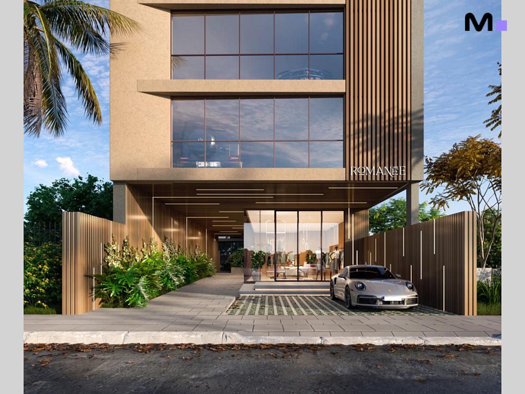 Fachada moderna do Romanée Residence com carro esportivo estacionado. Arquitetura elegante e paisagismo exuberante.