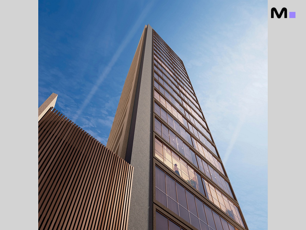 Edifício alto com janelas amplas, possivelmente a Residência Romanée. Céu azul ao fundo.