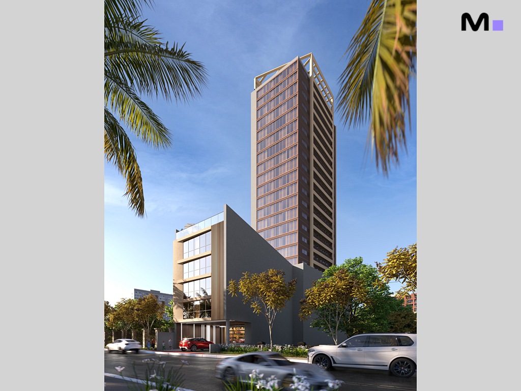 Residência Romanée: Vista da fachada moderna do edifício alto com detalhes em madeira e paisagismo urbano.