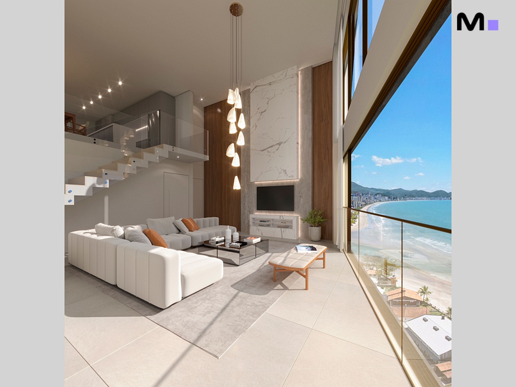 Sala de estar moderna e luxuosa com vista para o mar na Romanée Residence.