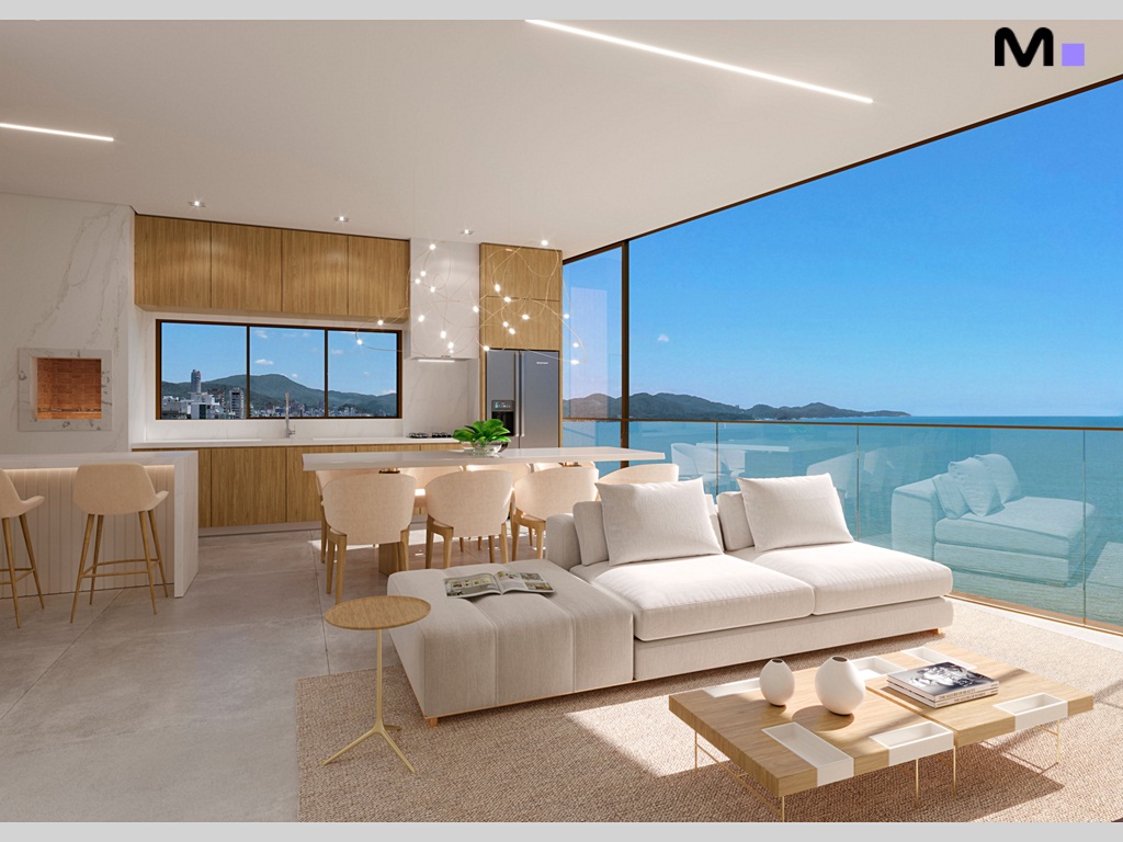 Interior moderno e iluminado do Romanée Residence com vista para o mar.