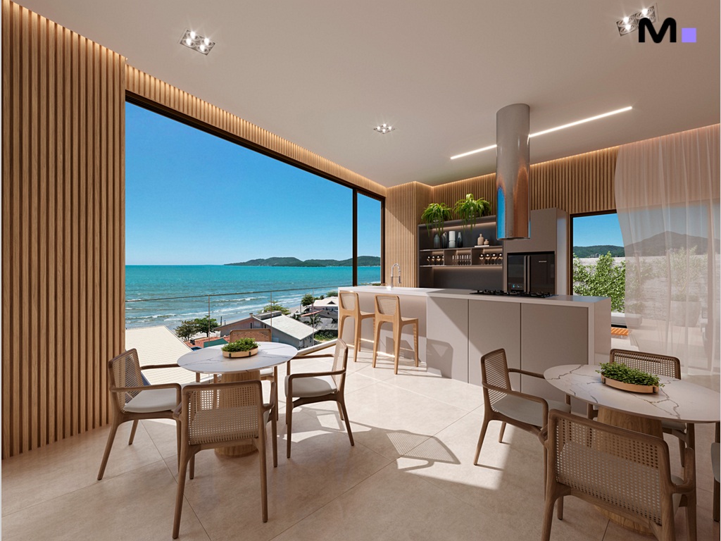 Interior moderno da Romanée Residence com vista para o mar, cozinha elegante e área de refeições luminosa.