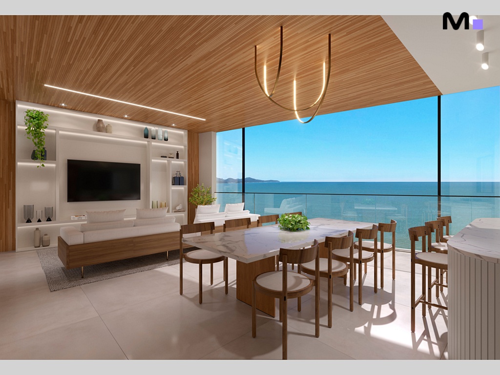 Interior elegante da Romanée Residence com sala de jantar, vista para o mar e design moderno.