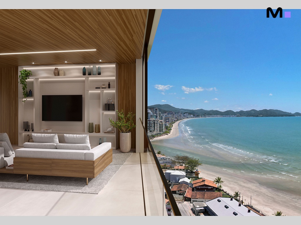 Sala de estar moderna com vista para a praia, parte da Romanée Residence.