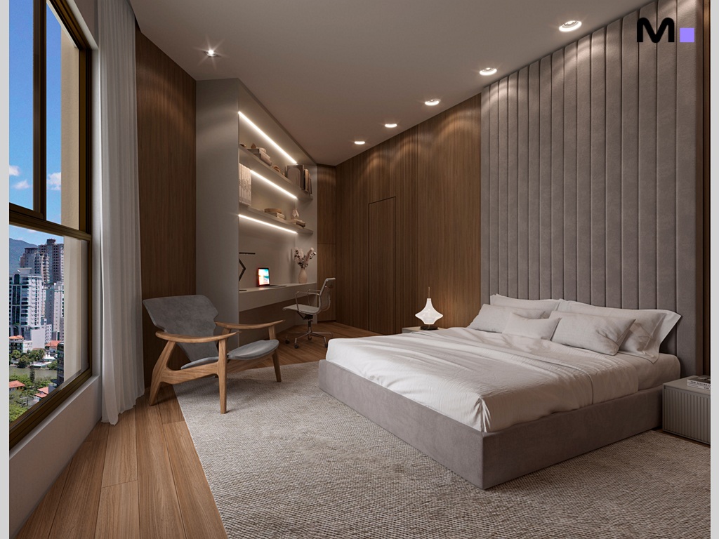 Quarto moderno e iluminado no Romanée Residence com cama, escrivaninha e vista da cidade.