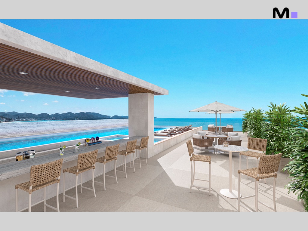 Bar elegante com vista para o mar na Romanée Residence. Cadeiras de vime e design moderno.