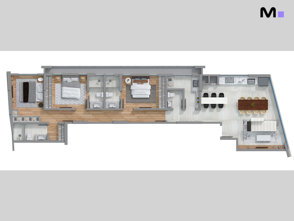Planta baixa da Romanée Residence com dois quartos, cozinha, sala de jantar e estar integradas.