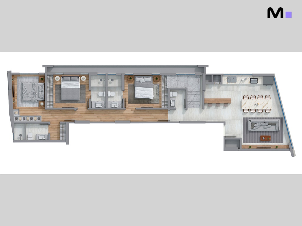 Planta baixa da Romanée Residence: layout detalhado com quartos, banheiros, cozinha e sala de estar.