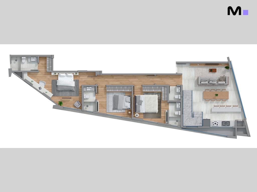 Planta baixa da Romanée Residence, mostrando o layout do apartamento com quartos, banheiros e sala de estar.