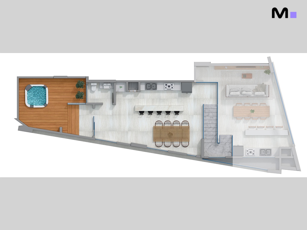 Planta baixa da Romanée Residence, mostrando cozinha, sala de estar, jantar e área de lazer com jacuzzi.