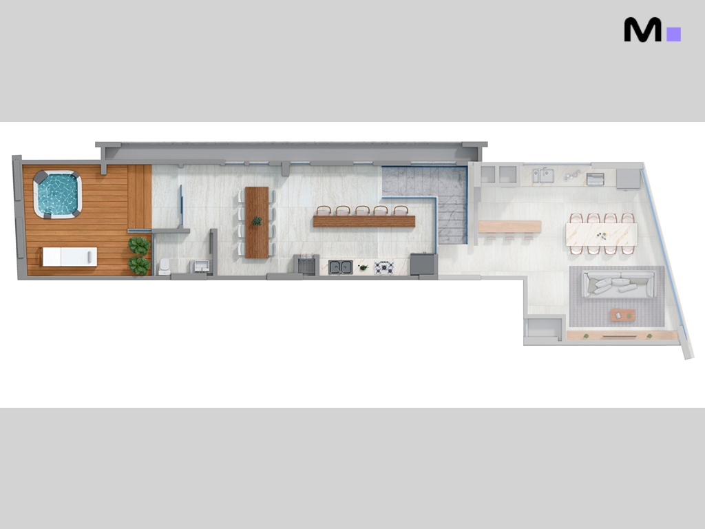 Planta da Romanée Residence com cozinha, sala de estar, jacuzzi e terraço.