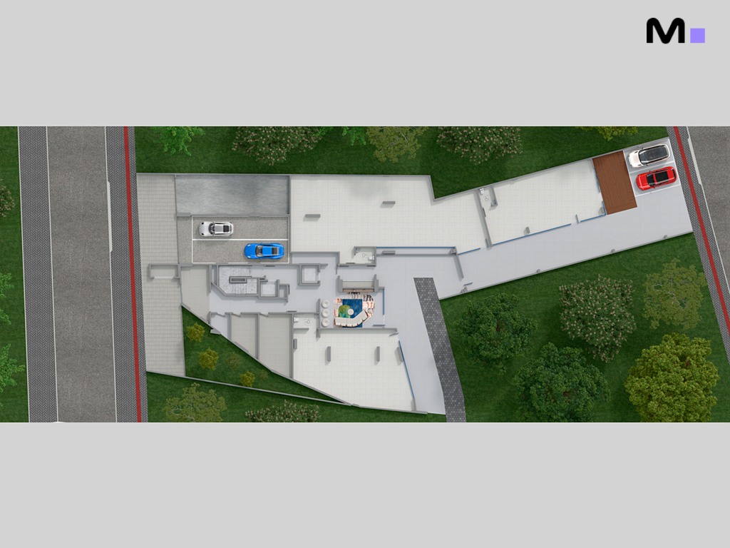 Planta baixa da Romanée Residence, mostrando layout interno, garagem e áreas externas com vegetação.