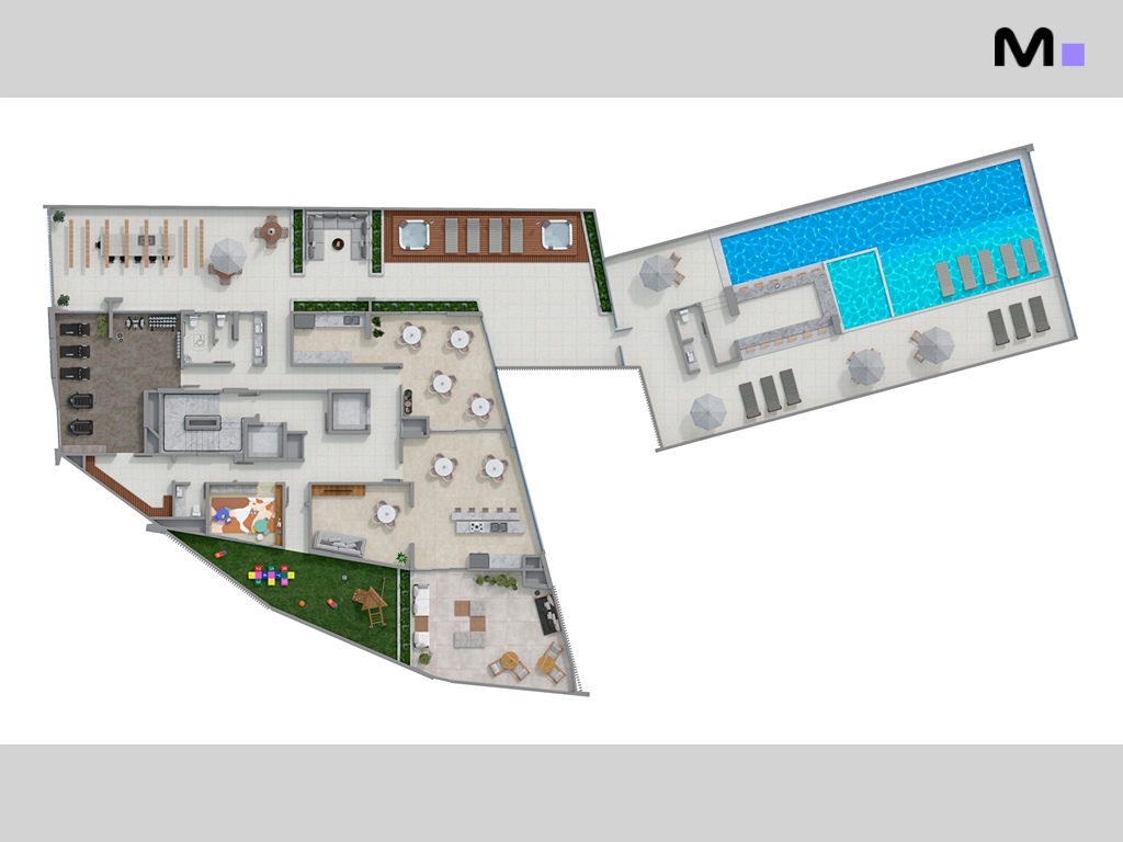 Planta do Romanée Residence com piscina, área de lazer e espaços de convivência.