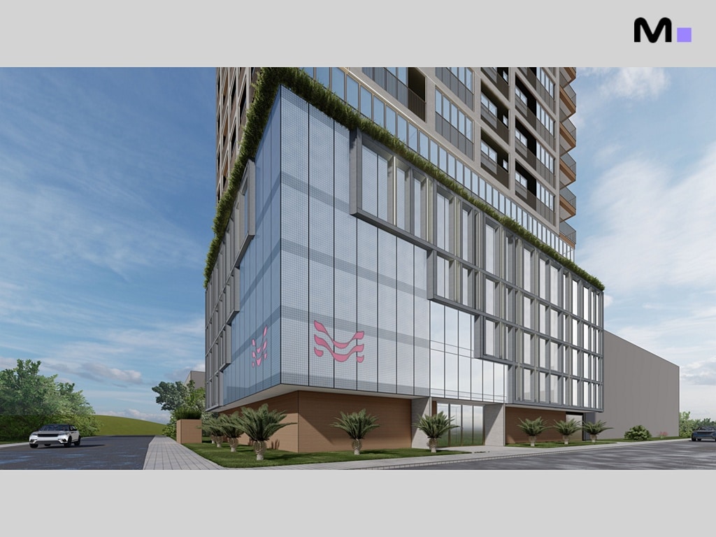 Fachada moderna do Vega Apartments Residence, com detalhes em vidro e paisagismo urbano.