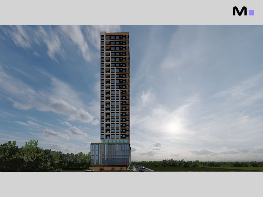 Edifício Vega Apartments Residence, arquitetura moderna em céu azul com nuvens.