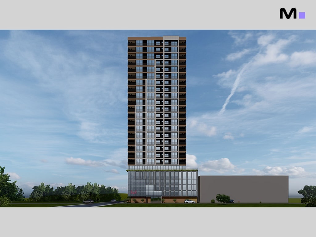 Edifício alto do Vega Apartments Residence com fachada moderna e céu azul.