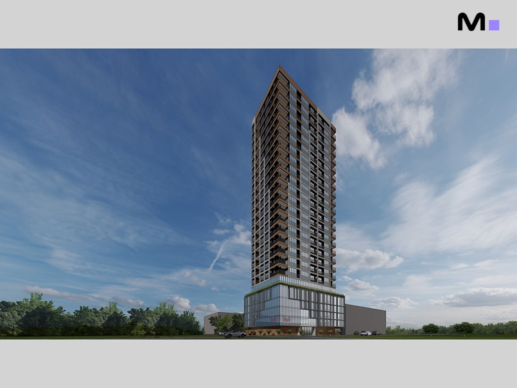 Edifício alto com fachada marrom e base comercial, possivelmente Vega Apartments Residence.