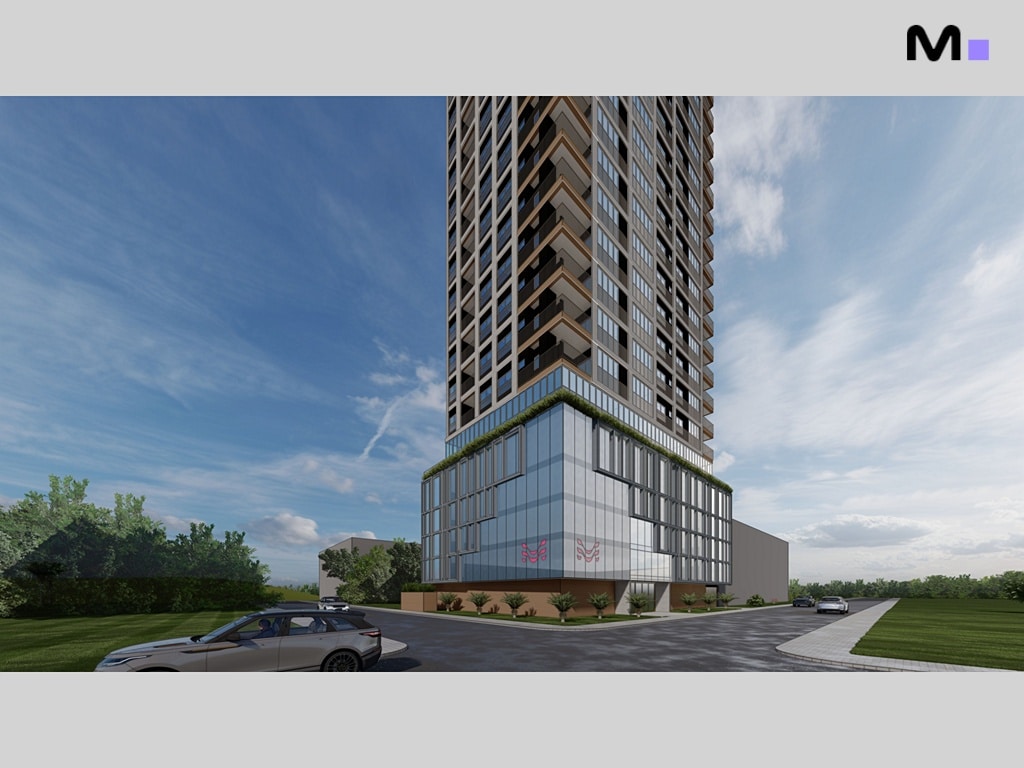 Edifício moderno alto com fachada de vidro e detalhes arquitetônicos, carro estacionado na rua.