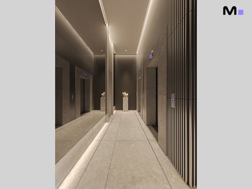 Corredor moderno com elevadores nos Vega Apartments Residence. Design elegante e iluminação suave.