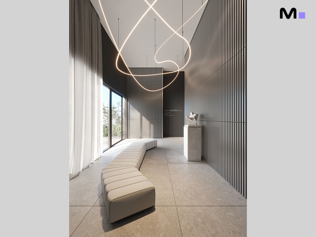 Hall de entrada elegante dos Vega Apartments Residence com iluminação moderna e banco curvo.