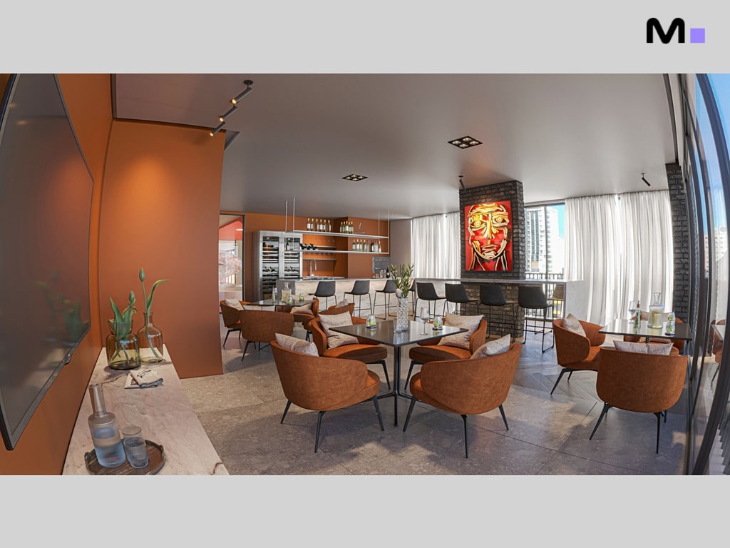 Interior moderno do Vega Apartments Residence com área de estar e bar.