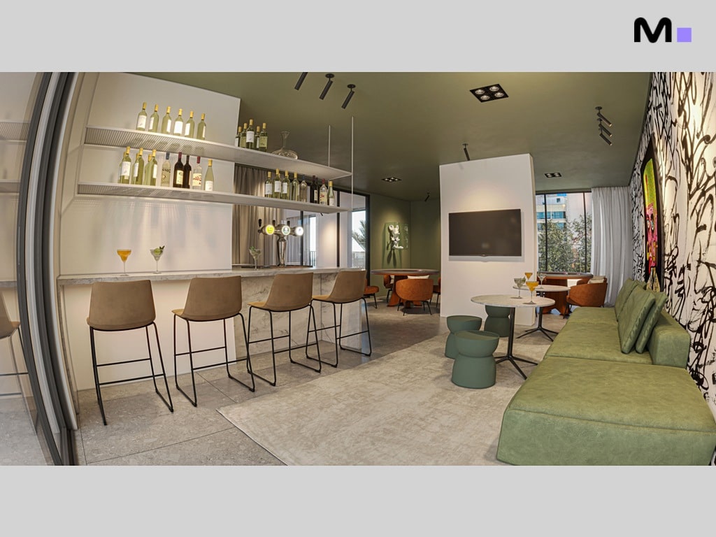 Bar e lounge modernos nos Vega Apartments Residence. Espaços elegantes e convidativos.