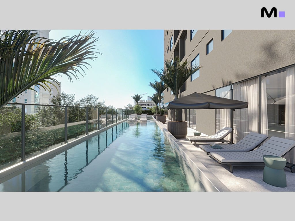 Piscina luxuosa no Vega Apartments Residence com espreguiçadeiras e vista panorâmica.