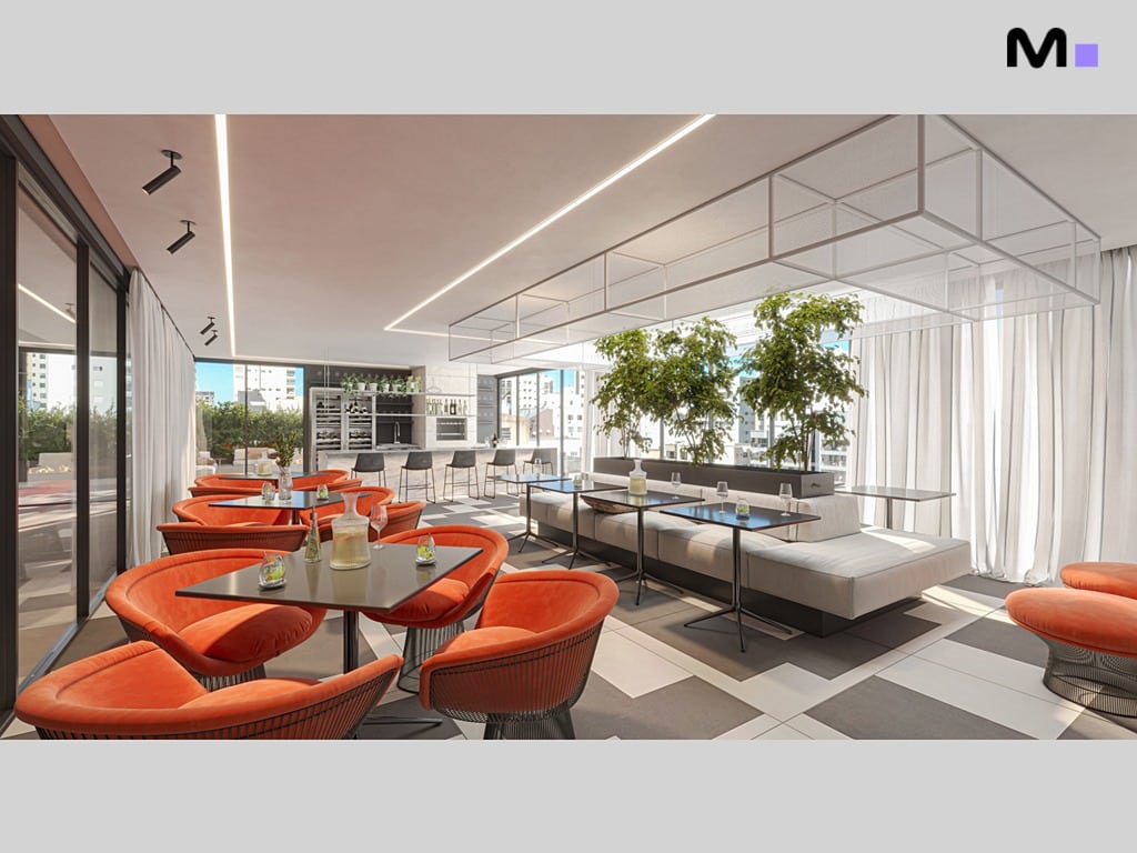 Interior moderno do Vega Apartments Residence com cadeiras laranjas e bar ao fundo.