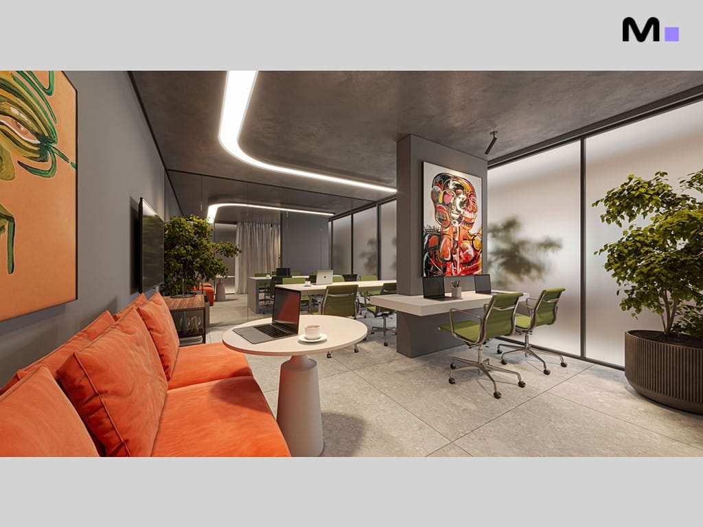 Escritório moderno com sofá laranja e sala de reunião envidraçada, Vega Apartments Residence.