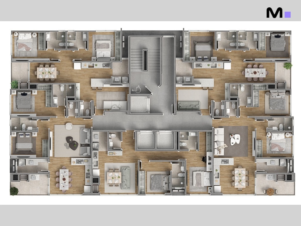 Planta baixa do Vega Apartments Residence, mostrando layout de apartamentos e áreas comuns.