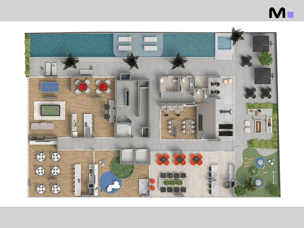 Planta baixa do Vega Apartments Residence com piscina, academia, áreas de lazer e convivência.