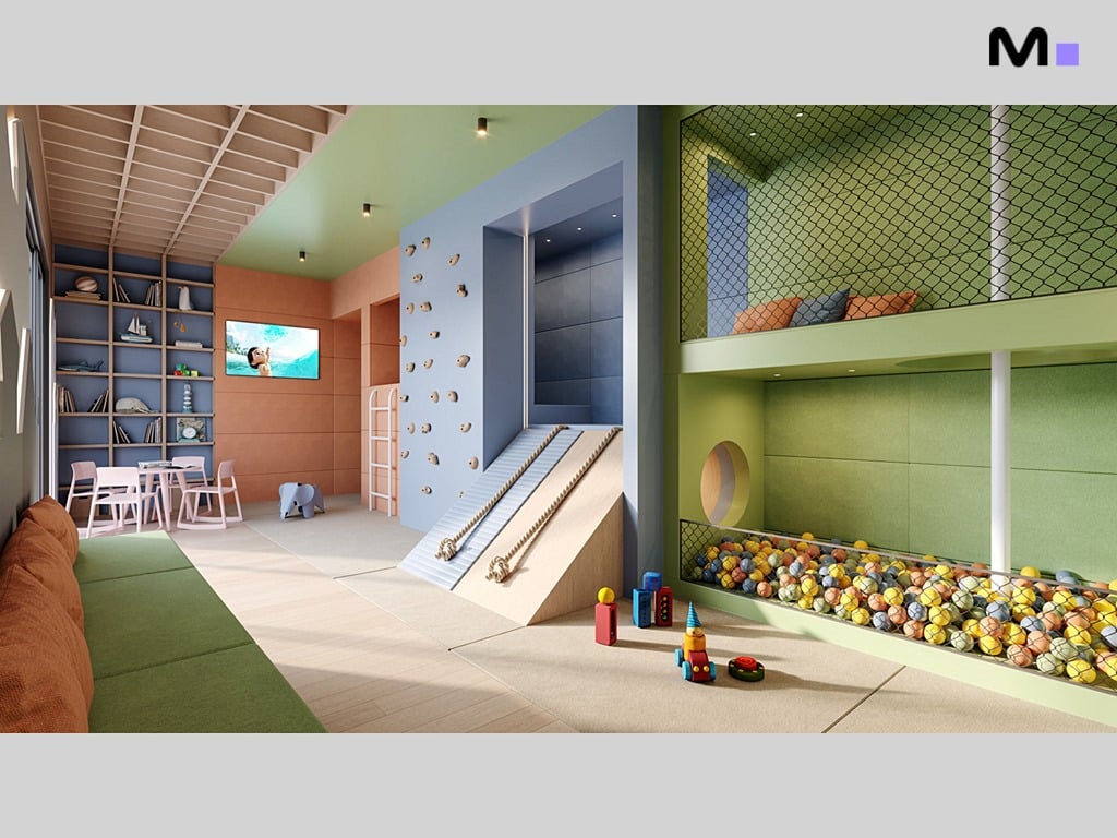 Playroom moderna e colorida na Hera Home Residence, com escorrega, parede de escalada e piscina de bolinhas.