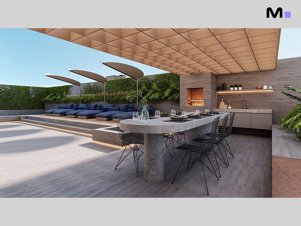 Área externa da Hera Home Residence com piscina, espreguiçadeiras e mesa de jantar moderna.