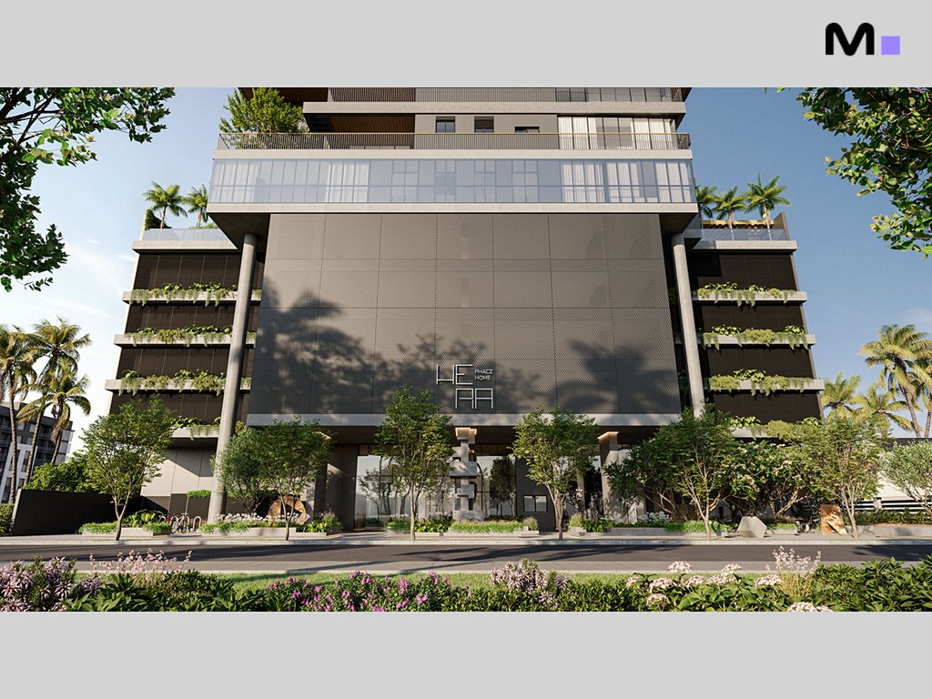 Fachada moderna do Hera Home Residence com paisagismo exuberante e design contemporâneo.