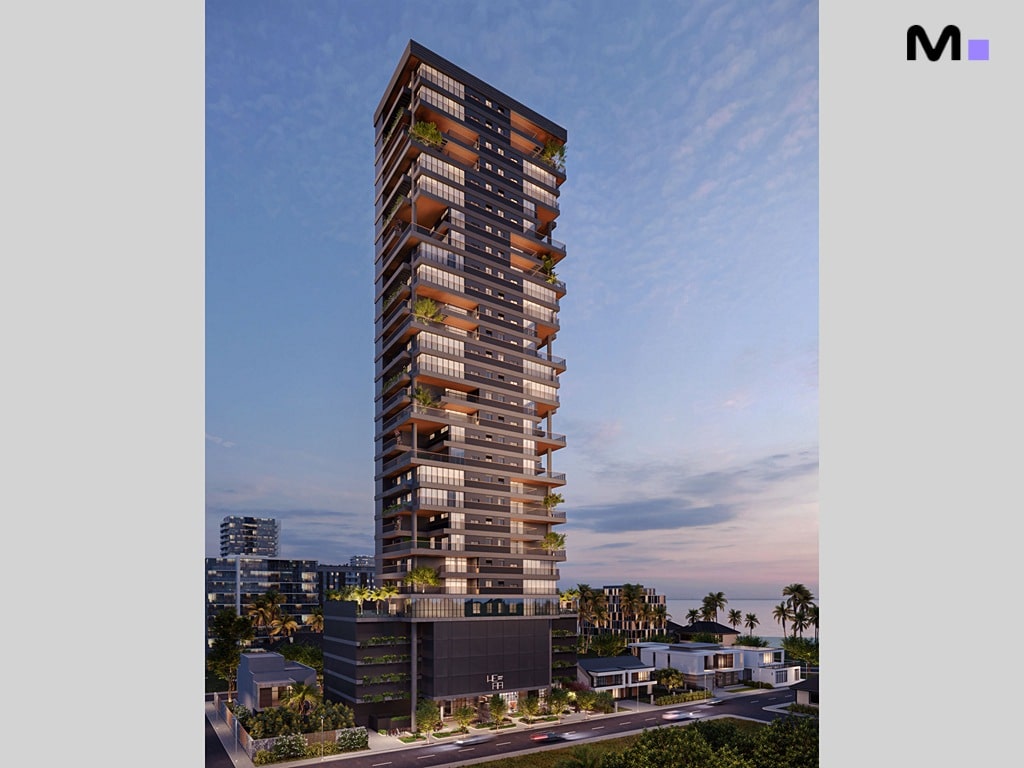 Residencial Hera Home: Vista de um moderno edifício alto com varandas e paisagismo urbano.