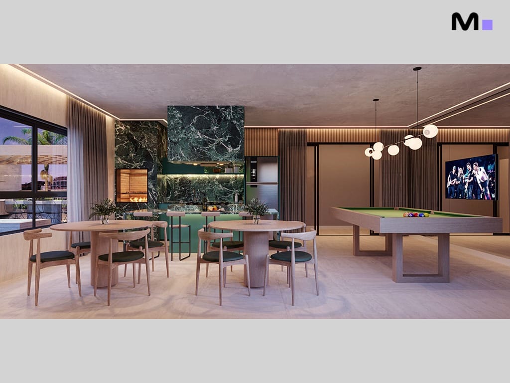 Interior moderno com cozinha, mesas, sinuca e TV. Hera Home Residence: design e conforto.