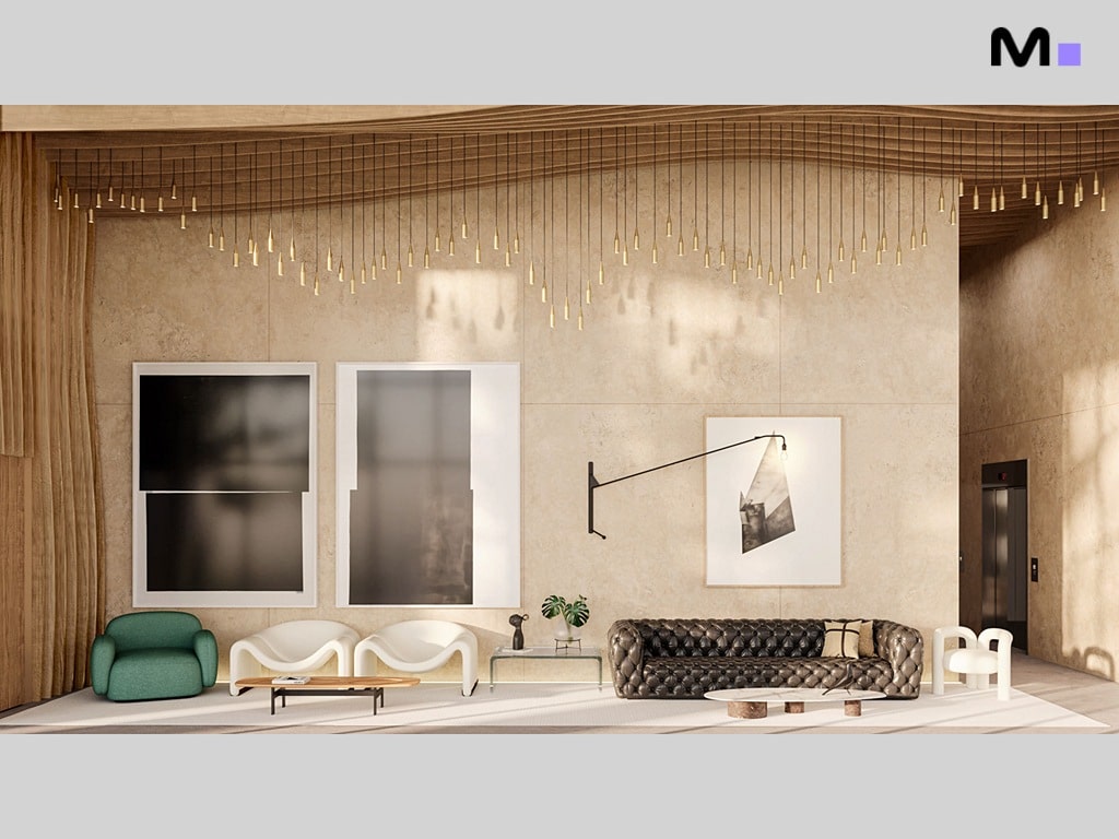 Sala de estar moderna da Hera Home Residence com sofá de couro, poltronas e decoração minimalista.