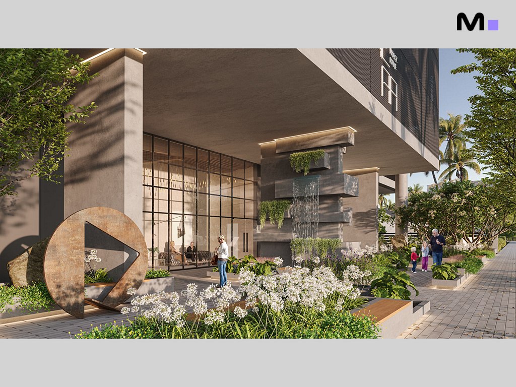 Entrada do Hera Home Residence com paisagismo e cascata. Fachada moderna e elegante.