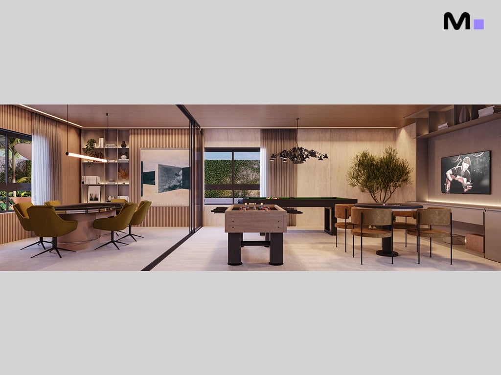 Sala de jogos moderna no Hera Home Residence com mesa de bilhar, pebolim e área de estar elegante.