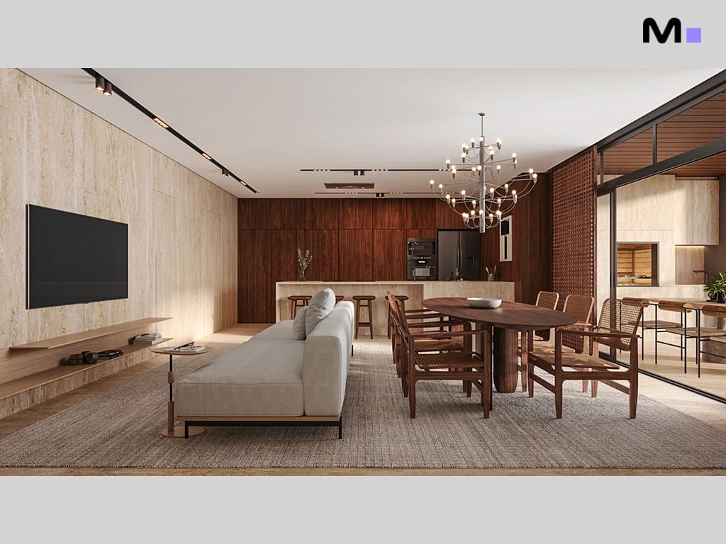 Sala de estar e jantar da Hera Home Residence: design moderno com iluminação elegante e mobiliário sofisticado.