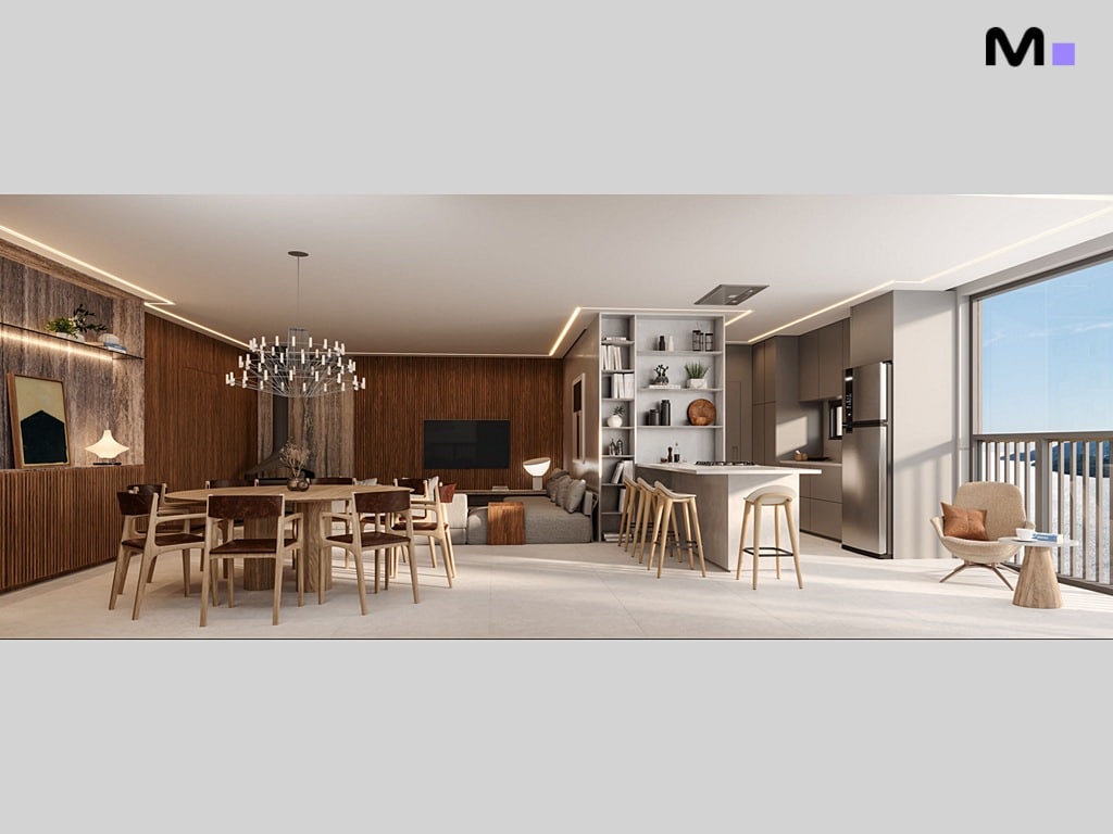 Interior do Hera Home Residence: sala de estar, jantar e cozinha integrados com design moderno e elegante.