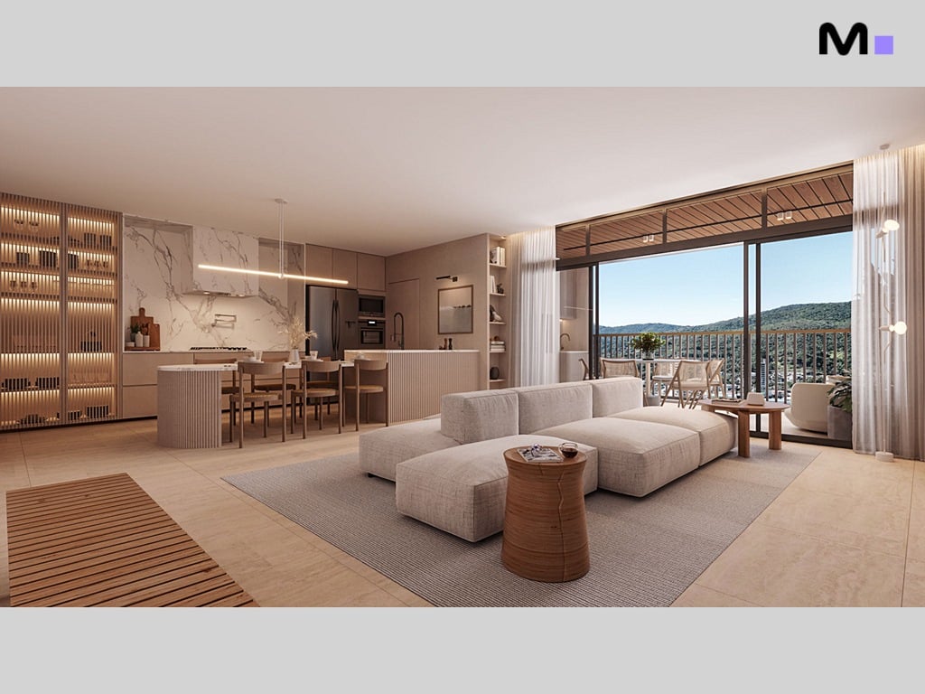 Sala de estar luminosa e espaçosa no Hera Home Residence, com cozinha integrada e varanda com vista.