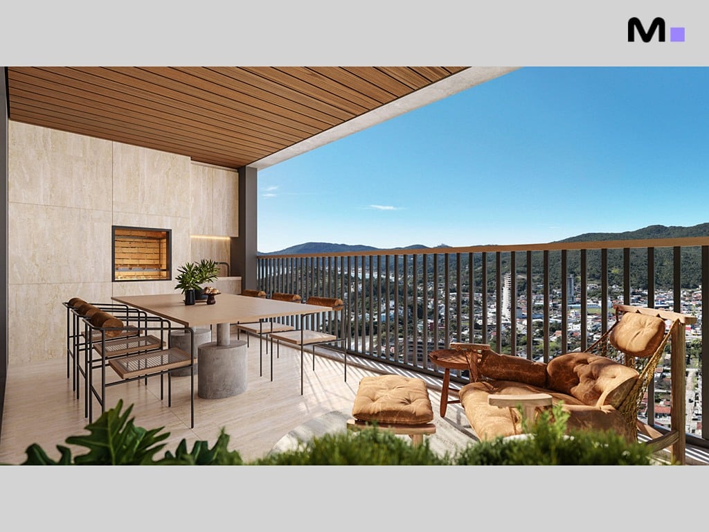 Varanda moderna do Hera Home Residence com mesa de jantar e área de relaxamento com vista panorâmica.